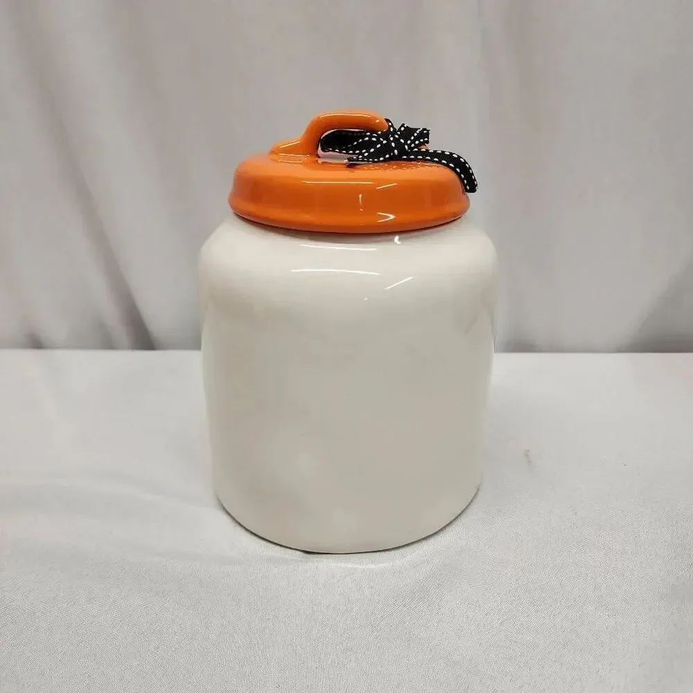 Rae Dunn TRICKS AND TREATS Halloween Canister Orange Lid Ceramic Cookie Treat Ja